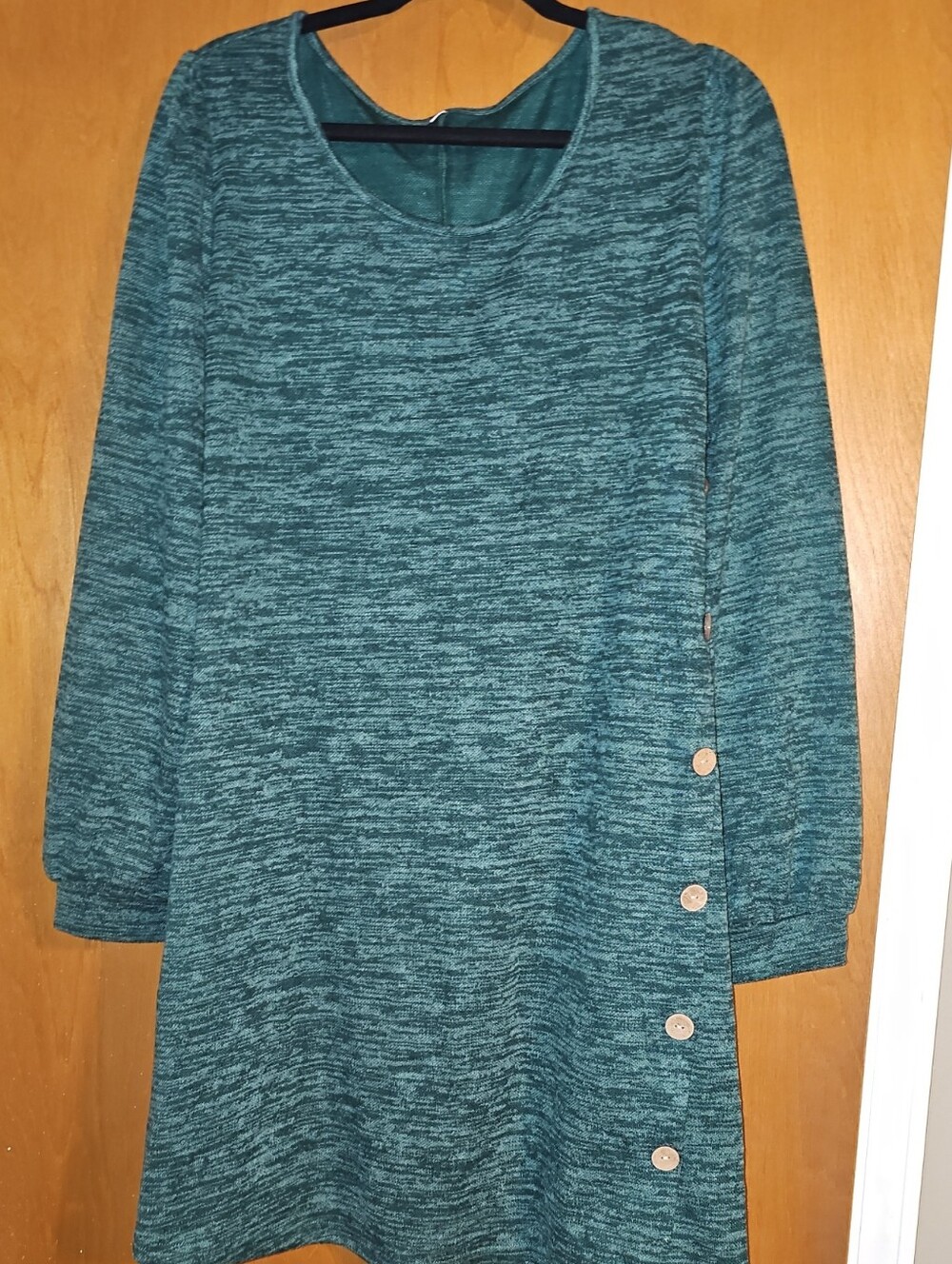 Teal Marled Knit Tunic Dress with Button Side Detail